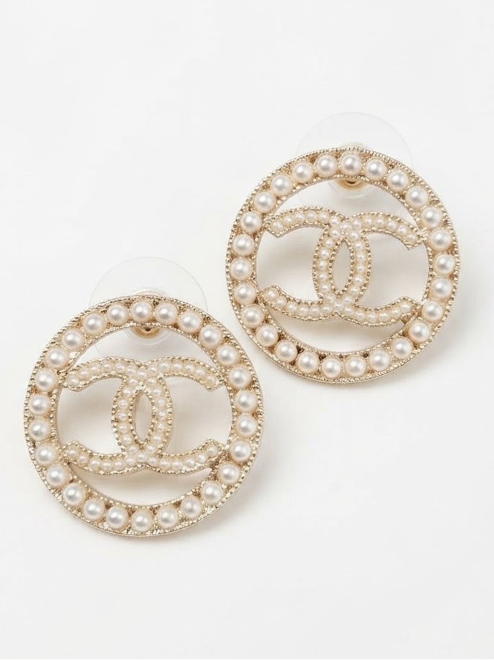 Gold Pearl-Accented Round Letter C Stud Earrings